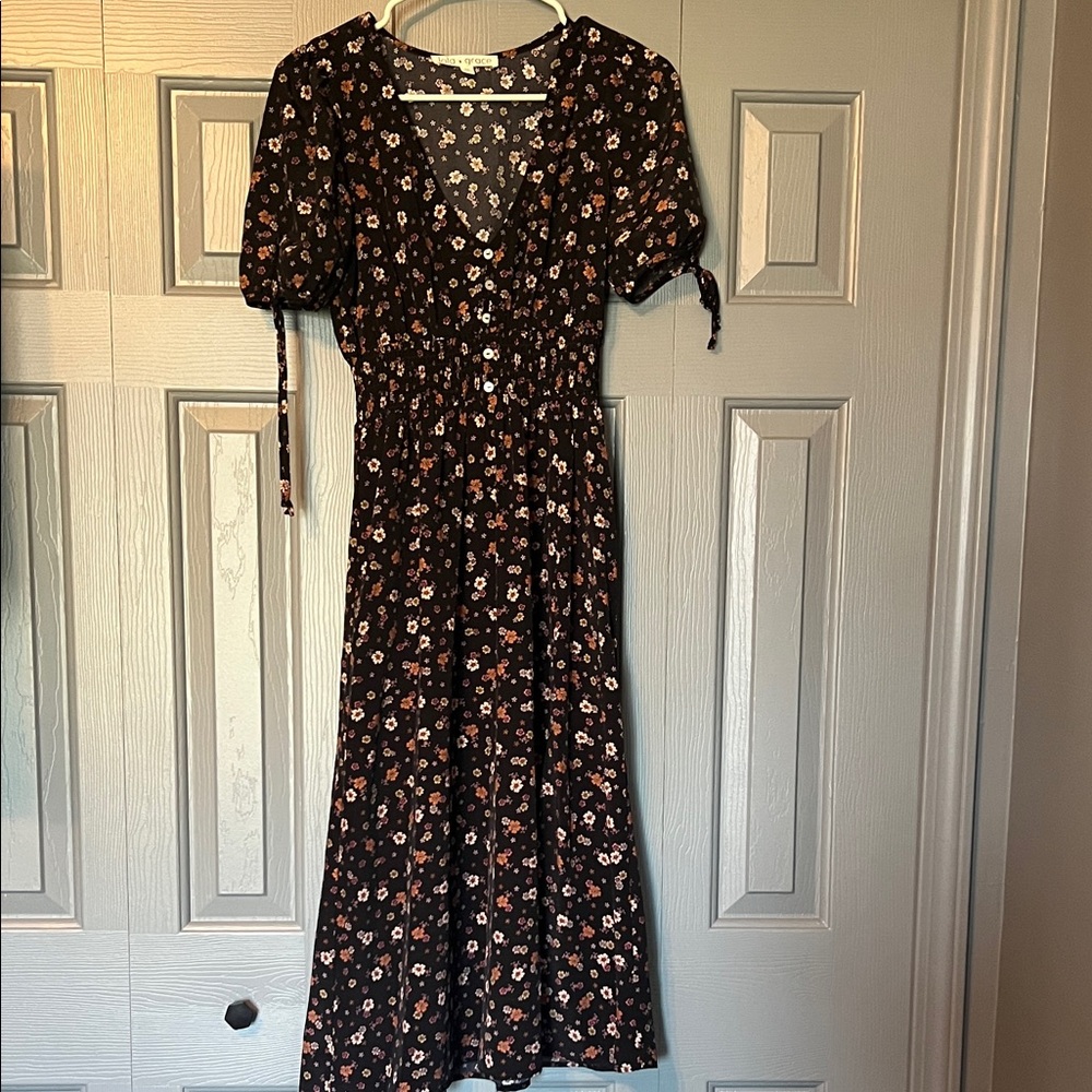 Black Floral Midi Dress with Puff Sleeves and Smocked Waist